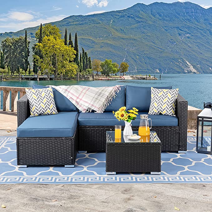 Walsunny 3 Piece Outdoor Furniture Sectional Sofa Patio Set with Upgrade Rattan Wicker Upgrade Wicker (Aegean Blue)