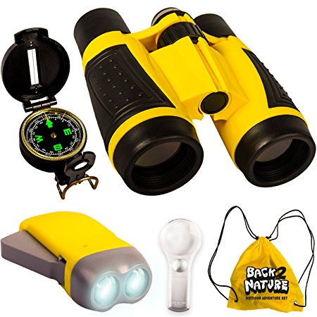 Outdoor Set for Kids - Binoculars, Flashlight, Compass & Magnifying Glass. Explorer Toys Kit for Playing Outside, Camping, Bird Watching, Pretend Play. Educational Gift for Children. by Back 2 Nature