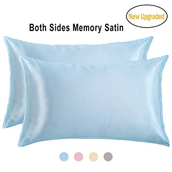 Memory Satin Pillowcases for Hair and Skin-Hypoallergenic,Wrinkle Free,Iron Free and Anti-snugging,Envelope Closure Easy to Disassemble and Wash-Resistant,Queen Size 20x30 inch Sky Blue - 2 Pack …