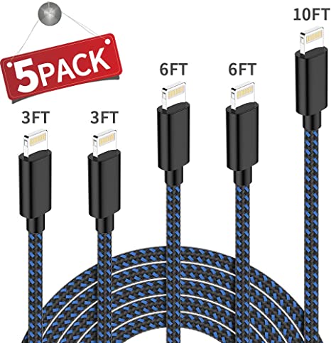iPhone Charger,MFi Certified Lightning Cable PLmuzsz 5Pack(3/3/6/6/10ft) Durable High-Speed Charger Nylon Braided Cord Compatible iPhone Xs/Max/XR/X/8/8Plus/7/7Plus/6S/6S Plus/SE/iPad/Nan Black&Blue