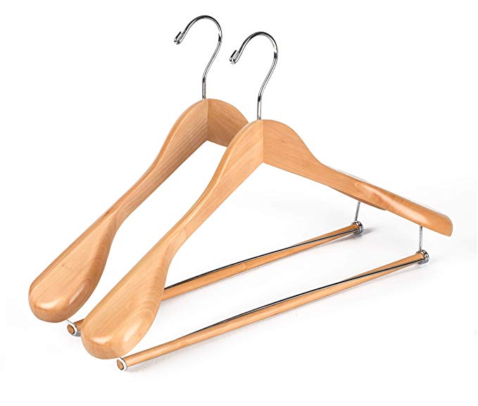 2 Quality Luxury Wooden Suit Hangers Wide Wood Hanger for Coats and Pants with Locking Bar Great for Travelers Heavy Duty(2, Natural Finish)