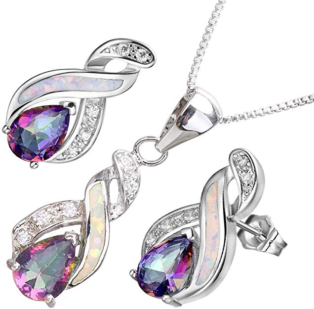 Hermosa Opal Jewelry Set Women Pendant Necklace Stud Earrings Sapphire Rainbow Mystic Topaz with 18" Chain