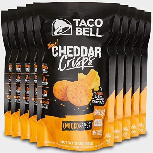 Taco Bell Cheddar Crisps - Mild Flavor | Keto Friendly, Low Carb Cheese Snack | Excellent Source of Protein | Made with 100% Real Cheese | 2.0 Ounce (9 Pack)