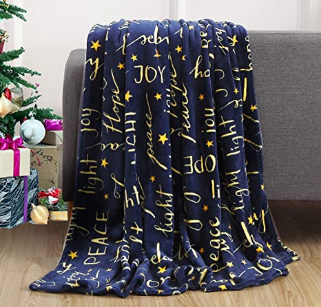 Elegant Comfort Luxury Velvet Super Soft Christmas Prints Fleece Blanket-Holiday Theme Home Décor Fuzzy Warm and Cozy Throws for Winter Bedding, Couch and Gift, 50 x 60 inch, Peace & Joy