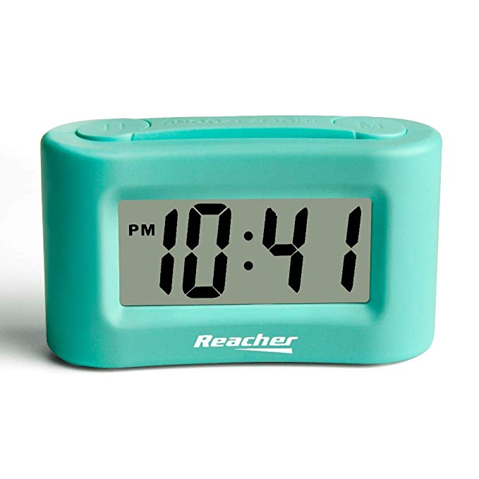 Reacher Small Battery Operated Alarm Clock - Simple Basic Operation, Snooze, Backlight, Display ON/Off, Perfect Travel, Desk, Shelf, Bedside, Mint Green