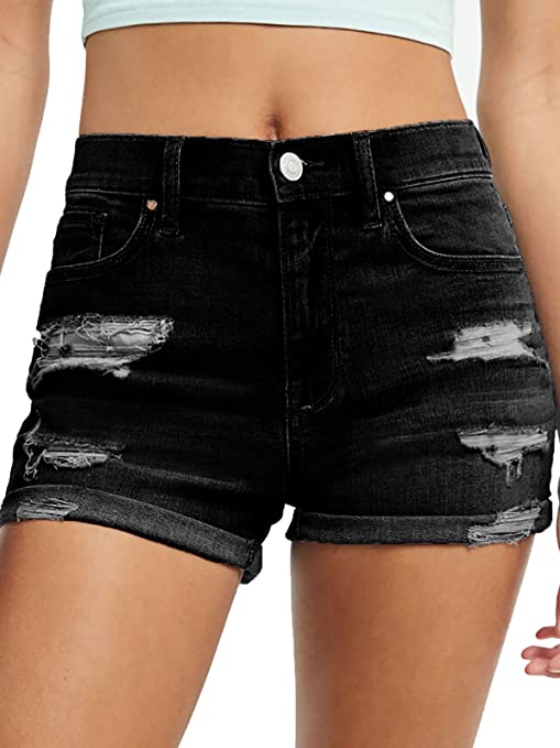Govc Womens Ripped Stretchy Denim Jean Shorts Juniors Mid Rise Cuffed Hem Short Jeans