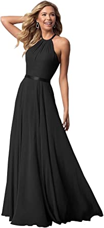 Halter Sleeveless Bridesmaid Dresses Wedding Chiffon Long Pleated Prom Dress