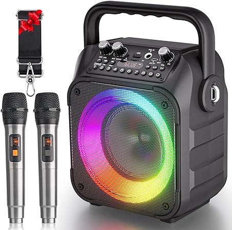 BONAOK Karaoke Machine for Kids Adults, Portable Bluetooth Speaker with Two Wireless Microphones PA System with LED Light for Party Indoor/Outdoor Activities Supports TF/USB, AUX, FM, TWS（K9-M Black）
