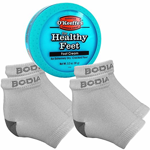 Dry Cracked Heels Repair Bundle with Open Toe Moisturizing Silicone Gel Heel Socks (2 Pairs, Gray) and O’Keeffe’s Healthy Feet Cream Jar for Home Foot Skin Care