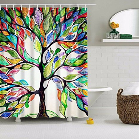 COMROLL Colorful Tree Shower Curtain Tree of Life Polyester Fabric Bathroom Curtain with Hooks