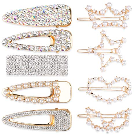 9 Pcs Shining Hair Clips, Teenitor Ultra Sparkly 5 Pcs Large Size Rhinestone Hair Alligator Clip And 4 Pcs Pearl Barrettes For Women Girl Hair Styling Accessories-Golden