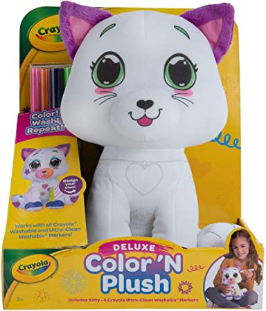 Crayola Deluxe Color ‘N Plush Kitty, 10” Stuffed Animal - Draw, Wash, Reuse – with 2 Ultra-Clean Washable Fine Line Markers, 1 Ultra-Clean Washable Broad Line Marker, 1 Washable Stamp Marker