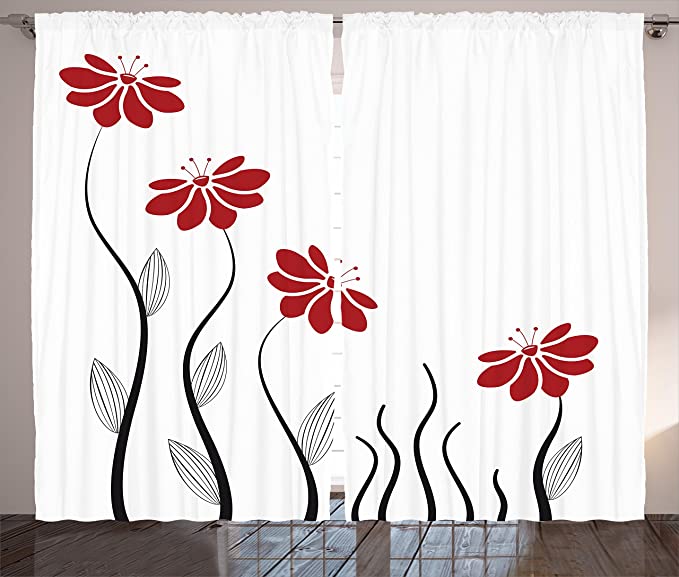 Ambesonne Flower Curtains, Floral Petals with Striped Leaves and Lines Modern Style Geometrical Design Print, Living Room Bedroom Window Drapes 2 Panel Set, 108" X 63", Red Black