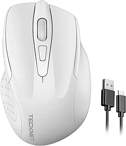 TECKNET Rechargeable Wireless Mouse, 2.4G Silent Mouse, Quiet Click, 6 Adjustable 4800 DPI, Cordless Computer Mouse, Ergonomic Mouse for Laptop, 6 Buttons USB Mouse for Chromebook, Ergo Grip - White