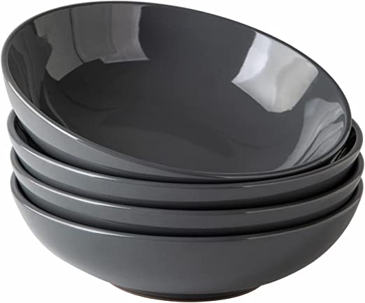 AmorArc Pasta Bowls Set of 4,42 oz Large Ceramic Bowls for Kitchen,Can Use for Pasta/Salad/Cereal/Soup Bowls,Wide and deep, Chip-resistant,Microwave&Dishwasher Safe-Grey