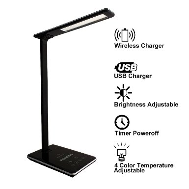 LED night light, KuGi ® 5W Touch Dimmer LED Desk Lamp With (5v, 1A) USB 2.0 / Qi Wireless Charger & timing control, 4 Color Modes (Reading/Studying/Relaxation/Bedtime), 5-Level Dimmer.(Black)