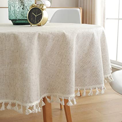 ColorBird Solid Color Tassel Tablecloth Cotton Linen Dust-Proof Shrink-Proof Table Cover for Kitchen Dining Farmhouse Tabletop Decoration (Round, 60 Inch, Linen)