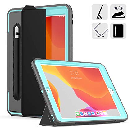 DUNNO New 10.2 Case 2019, Hybrid Leather Three Layer Heavy Duty Smart Cover with Auto Sleep/Wake Pencil Holder Stand Feature Design for iPad 7th Gen 10.2 Inch 2019 (Gray/Light Blue)