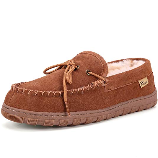 Pinpochyaw Men Moccasin Slippers, Slip On Shoes with Cow Suede Sheepskin