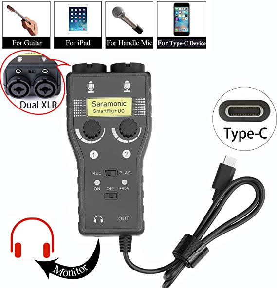 Microphone Preamp for USB-C Smartphone, Saramonic 2-Track XLR & 3.5mm Mic Mixer   Guitar Interface for Type-C Devices Samsung Galaxy Note 9 8 S8 Xiaomi Huawei LG Android Smartphone Pad (2-Channel)