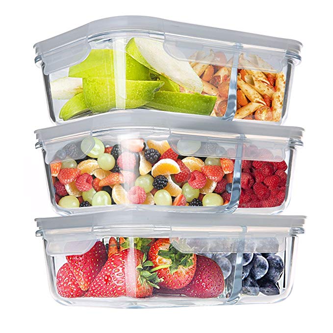 Homgeek Glass Food Storage Containers 2 Compartment Meal Prep Containers Portion Control Lunch Box with Snap Locking Lids, Leak proof, Microwave, Oven, Freezer & Dishwasher Safe(3-Pack, 32 Oz)