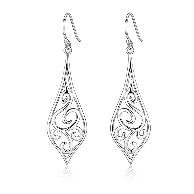Sterling Silver Minimalist Design Of Rattan & Leaf Dangle Drop Earrings For Sensitive Ears By Renaissance Jewelry