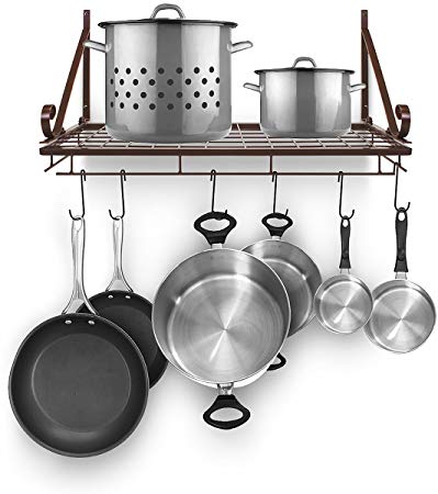 Sorbus Pots and Pan Rack — Decorative Wall Mounted Storage Hanging Rack — Multipurpose Wrought-Iron shelf Organizer for Kitchen Cookware, Utensils, Pans, Books, Bathroom (Wall Rack - Bronze)