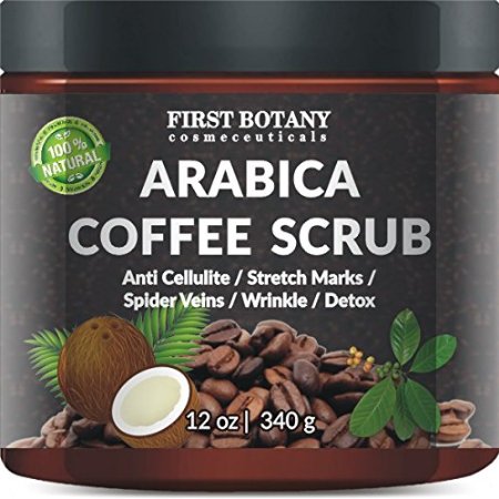 100% Natural Arabica Coffee Scrub with Organic Coffee, Coconut and Shea Butter - Best Acne, Anti Cellulite and Stretch Mark treatment, Spider Vein Therapy for Varicose Veins & Eczema (12 oz)