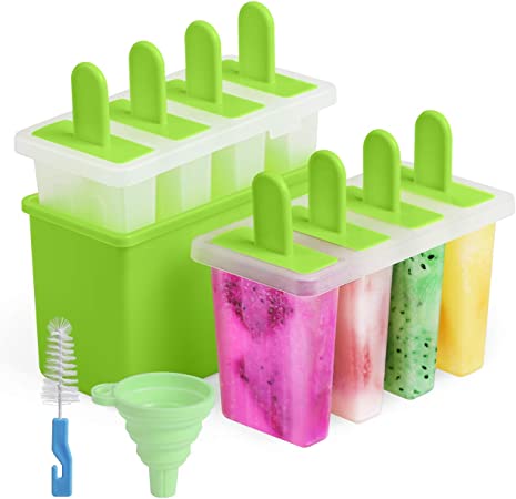 Kootek Popsicle Molds Set - 8 Ice Pop Mold Homemade Ice Cream Maker Reusable Popsicle Tray Holder with Bin, Sticks, Silicone Funnel, Cleaning Brush (Green)