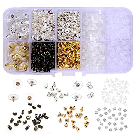 Earring Backs,Earring backings Supla 10 Styles Earring Back Clips bullet shape earring backs Butterfly Metal Rubber Plastic Secure Earring Backs for Safety, 1040 Pieces