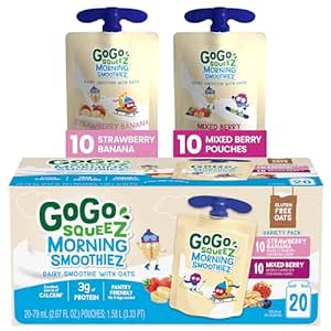 GoGo squeeZ Morning smoothieZ Variety Pack, Mixed Berry & Strawberry Banana, 3 oz (Pack of 20), Gluten Free Yogurt, Fruit and Oat Smoothie Snacks for Kids, No Preservatives, No Fridge Needed, BPA Free Squeeze Pouches