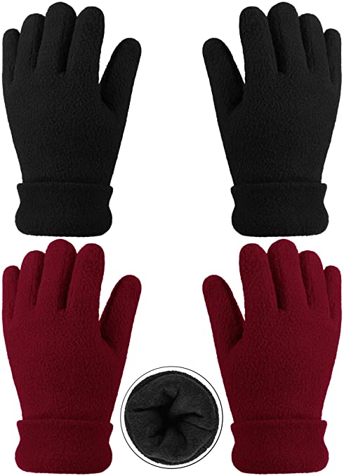 Cooraby 2 Pairs Winter Kids Fleece Gloves Warm Lined Thick Mittens Cold Weather Gloves