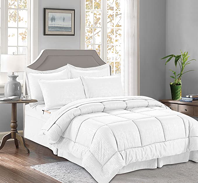 CELINE LINEN 8-Piece Bed-in-a-Bag Comforter - Silky Soft Bamboo Design Comforter,Bed Sheet Set,with Double Sided Storage Pockets, Full/Queen, White