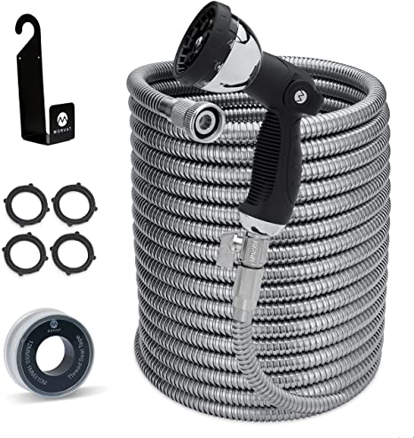 Morvat 100 Foot Stainless Steel Expandable Garden Hose | Heavy Duty Metal | Resistant to Knots Tangles and Punctures | Steady Spray for Garden Lawn Washing Car Or Pets | Outdoor Use