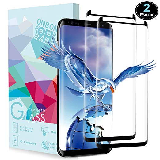 Galaxy S8 Screen Protector, ONSON 2-Pack Tempered Glass 3D Screen Protector for Samsung Galaxy S8, 9H Hardness, Bubble Free, Anti-Fingerprint HD Screen Protector Film