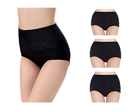 Lashapear Womens High Waist Underwear Solid Color Tummy Control Cotton Brief Panties 3 Pack