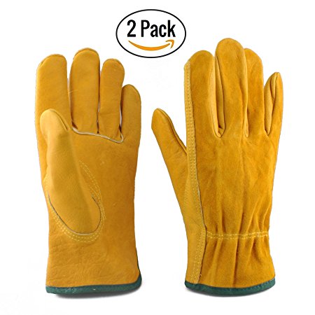 Heavy Duty Gardening Gloves for Men & Women,2 Pairs Comfy Waterproof Leather Work Gloves,Soft Lined Thermal Gloves,Slim-Fit Reinforced Rigger Gloves,Durable and Flexible (L)