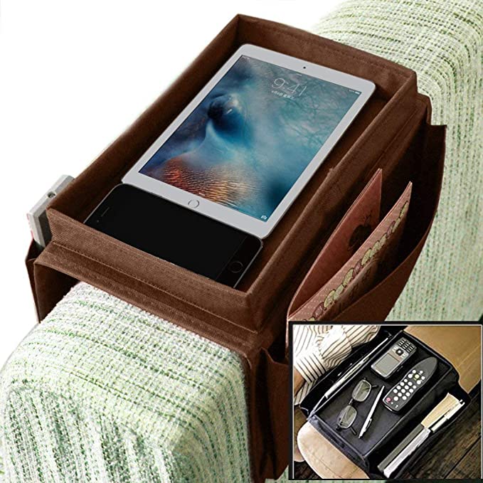 IPENNY Couch Sofa Armrest Organiser with Cup Holder Tray Chair TV Remote Holder Bedside Storage Pocket Bag for Cellphone Tablet Notepad Book Magazines DVD Eyewears Drinker Snacks Holder Pouch
