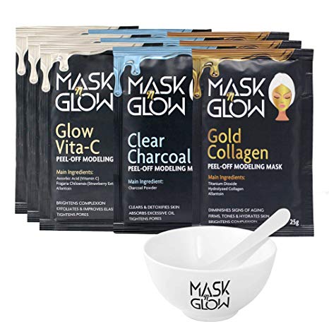 Premium Modeling Peel-Off Mask"Rubber Mask" Spa Set- 9 Treatments (Gold Collagen, Glow Vita C, Clear Charcoal)   Bowl and Spatula, Made In Korea (9 Pack)