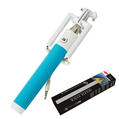 Ocathnon Foldable Extendable Durable Self Portrait Handheld Selfie Stick Monopod Audio Cable Take Pole with Rear View Mirror iPhone 5/6/6 Plus Samsung Galaxy S3/4/5/6 Note 2/3/4, Other Smart Phones. - Baby Blue