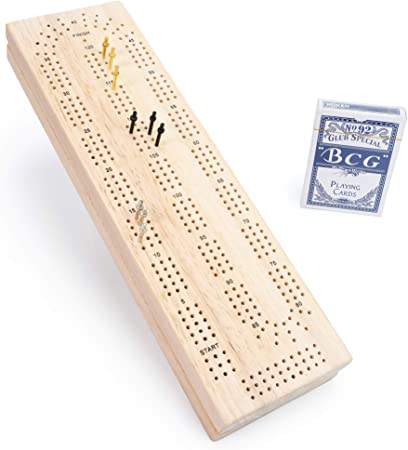 WYZworks Wooden Cribbage Board Games Set 3 Track with Cards and Metal Pegs