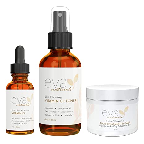 Skin Clearing Bundle by Eva Naturals - Vitamin C Plus Serum (1oz), Vitamin C Plus Toner (4oz), and Acne Spot Treatment and Mask (2oz)