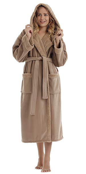 Arus Women's Sherpa Trim Microfiber Velour Touch Hooded Bathrobe Fleece Robe