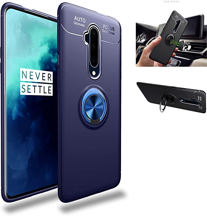 OnePlus 7T Pro Case,360° Rotating Ring Kickstand Protective Case,Silicone Soft TPU Shockproof Protection Thin Cover Compatible with[Magnetic Car Mount] for OnePlus 7T Pro Case (Blue/Blue)