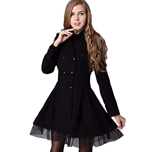 Newbestyle Women's Waist Double-Breasted Mid-Length Woolen Trench Coat Dresses Outwear