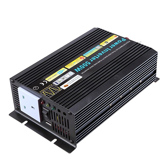 500W (Peak 1000W) Pure Sine Wave Power Inverter, Soft Start 12V DC to 230V AC with USB Port for Charging Mobile Phones and Other USB Compatible Devices