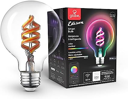 Globe Electric 35851 Wi-Fi Smart 7W (60W Equivalent) Multicolor Changing RGB Tunable White Clear LED Light Bulb, No Hub Required, Voice Activated, 2000K - 5000K, G25 Shape, E26 Base