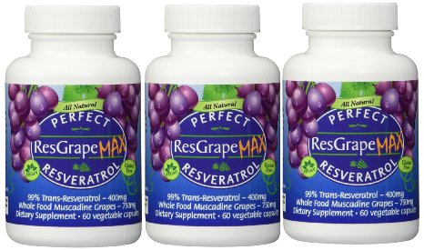 Perfect ResGrape Max, 60 vegetable capsules per bottle(Pack of 3) ~ 99% Trans-Resveratrol & Muscadine Grape ~ Anti-Aging Supplement & Potent Antioxidant