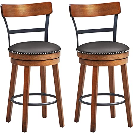 COSTWAY Bar Stools Set of 2, 360-Degree Swivel Stools with Leather Padded Seat, Single Slat Ladder Back & Solid Rubber Wood Legs, Counter Height Stools for Pub, Restaurant, Kitchen, Brown (2, 25.5)