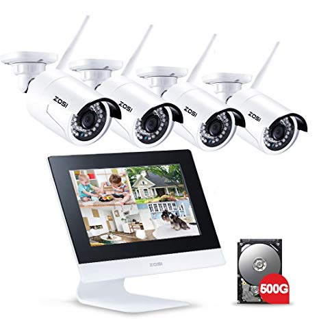 ZOSI Wireless CCTV Camera System with Hard Drive and Monitor 4x960P Outdoor CCTV Wireless Camera System 10.1 inch LCD Monitor 500GB Surveillance Hard Drive